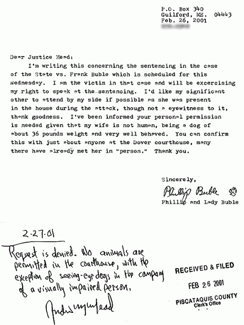 Letter from Buble requesting that the dog be allowed in the courtroom